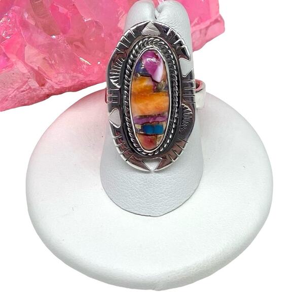 Kingman Pink Dahlia Turquoise Spiny Oyster Ring Adjustable 925 Sterling Silver - Picture 8 of 8